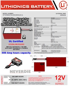 Click here for a larger image of this powerful, light weight, high performance 600 Amp hour 12 Volt Lithionics lithium ion batteries for RVs, marine, solar applications, industrial projects, electric marine propulsion systems and more...