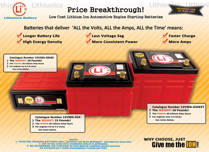 Lithium-ion batteries for cars, trucks, RV and marine